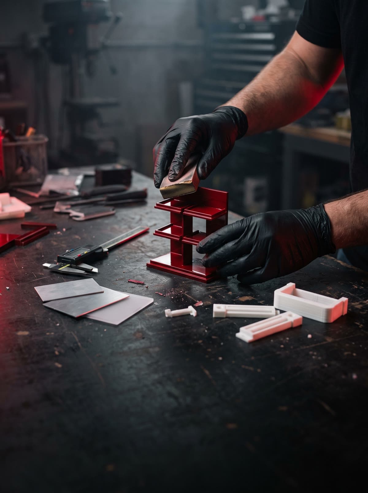 Hand finishing of a display prototype on a workbench