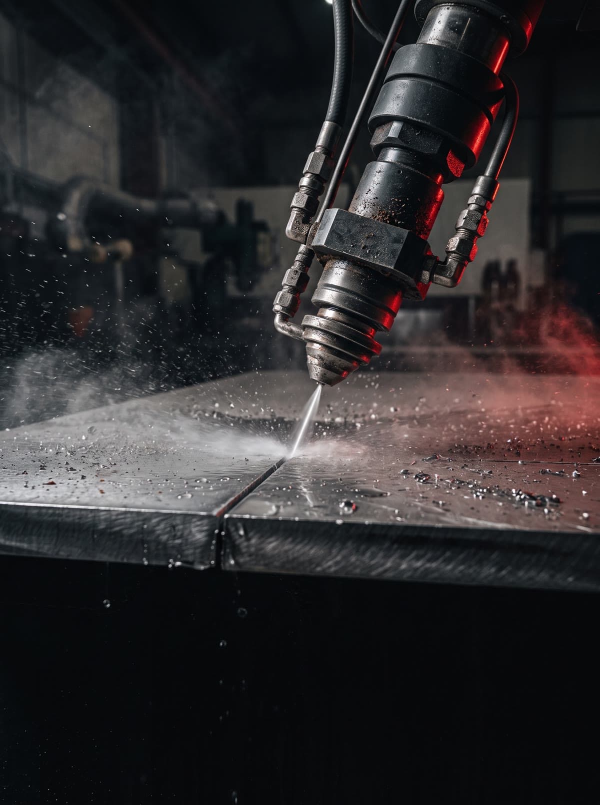 Waterjet cutting head cutting a steel sheet