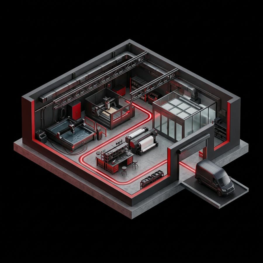 3D diorama of a workshop showing the flow from production to delivery